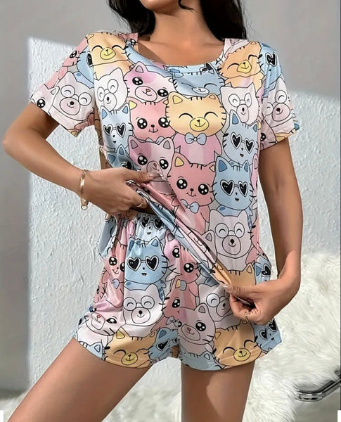 Maryam’s Essential Cat  Print Round Neck Top and Short With Eye Mask Sleepwear Set