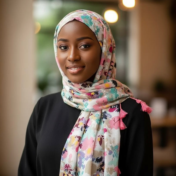 Maryam's Essential Floral Printed Cotton Viscose Tassels Hijab