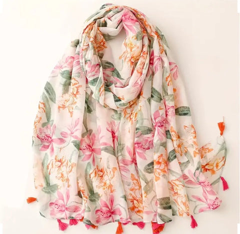 Maryam's Essential Floral Printed Cotton Viscose Tassels Hijab