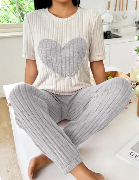 Maryam’s Essential Heart Round Neck Short Sleeves Ribbed Top Elastic Trouser Sleepwear