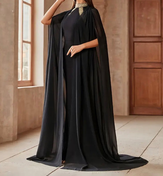 Maryam’s Essential Contrast Trim Mock Neck Cape Sleeves Mermaid Hem Dress