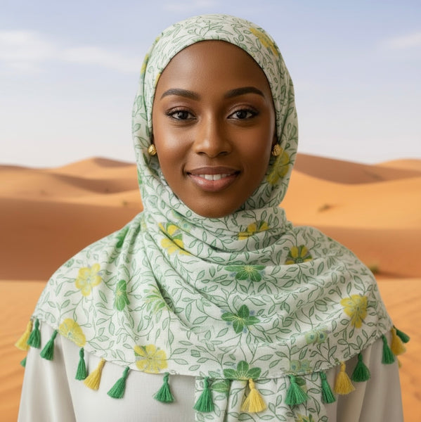 Maryam's Essential Flower Printed Cotton Polyester Tassels Hijab