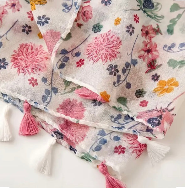 Maryam's Essential Flower Printed Polyester Tassels Hijab