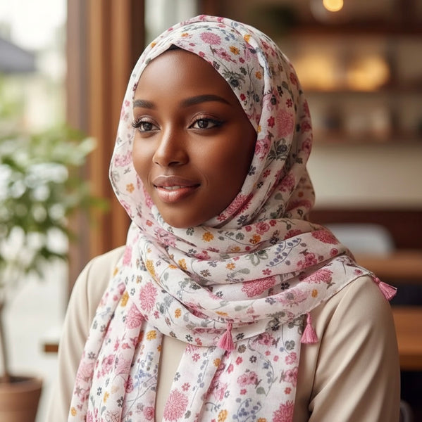 Maryam's Essential Flower Printed Cotton Polyester Tassels Hijab