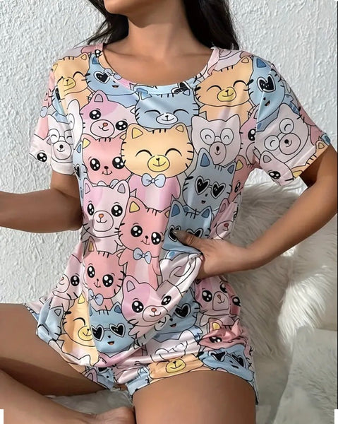 Maryam’s Essential Cat  Print Round Neck Top and Short With Eye Mask Sleepwear Set