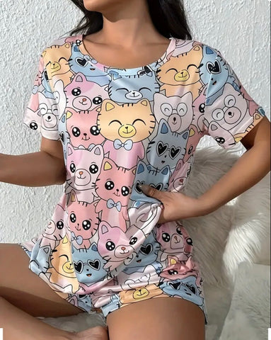 Maryam’s Essential Cat  Print Round Neck Top and Short With Eye Mask Sleepwear Set