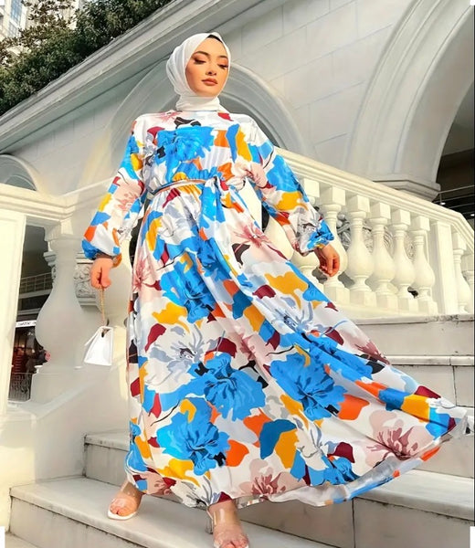 Maryam’s Essential Vintage Floral Print Crew Neck Lantern Sleeves Maxi Dress