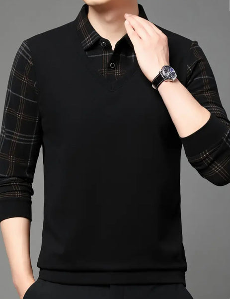 Maryam’s Essential Men V-Neck Button Long Sleeves Casual Regular Fit Striped Plaid Knitted Cotton Shirt