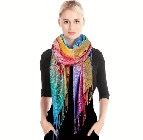 Maryam’s Essential Luxury Mature Versatile Reversible Warm Paisley Fringe Cashmere Scarf