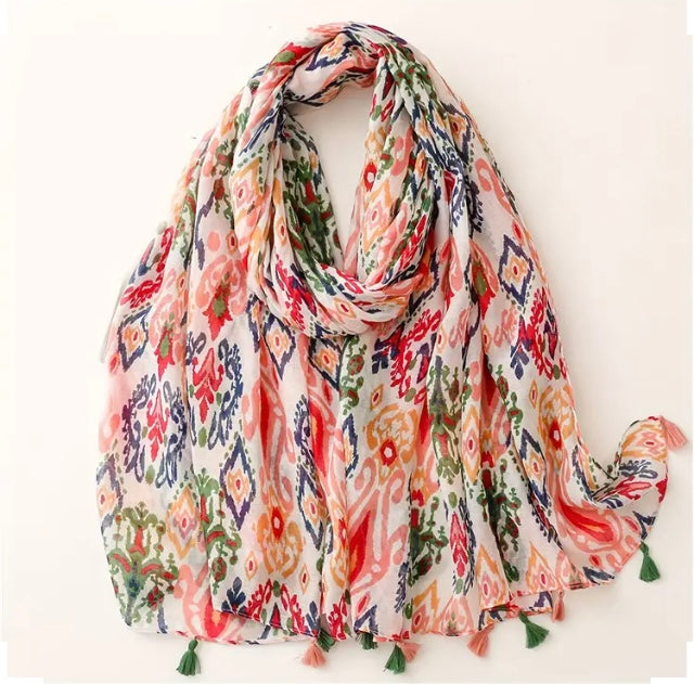 Maryam's Essential Flower Printed Cotton Viscose Tassels Hijab