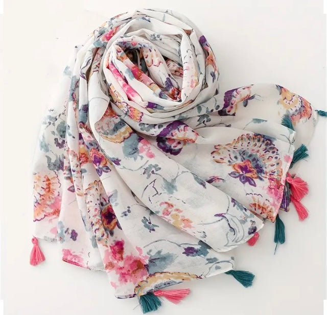 Maryam's Essential Floral Printed Cotton Viscose Tassels Hijab