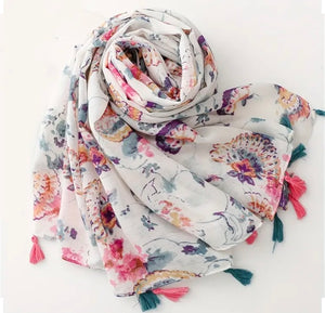 Maryam's Essential Floral Printed Cotton Viscose Tassels Hijab