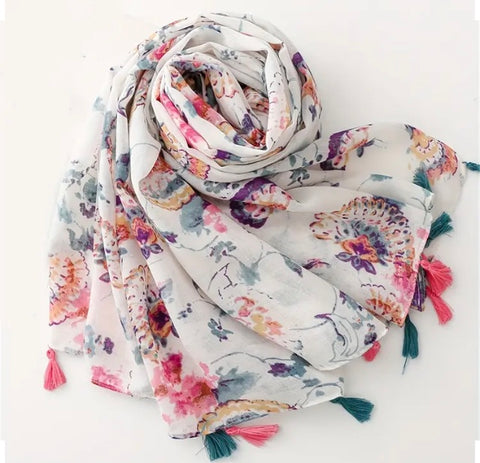 Maryam's Essential Floral Printed Cotton Viscose Tassels Hijab