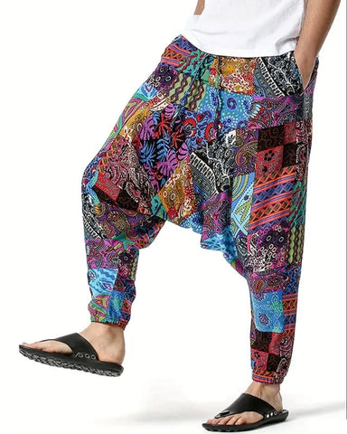 Maryam’s Essential Men’s Ethnic Vintage Pattern Stitching Print Harem Baggy Trouser