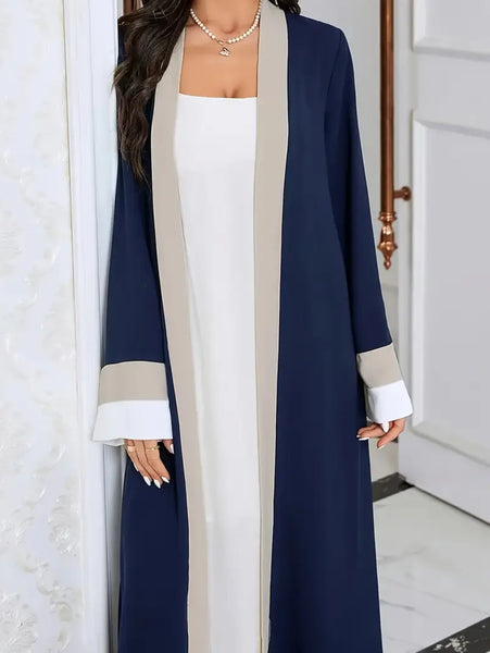 Maryam’s Essential Luxury Elegant Contrast Trim Maxi Length, Long Sleeves Asymmetric Kaftan Abaya