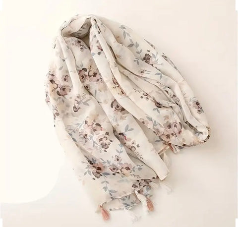 Maryam's Essential Flower Printed Polyester Tassels Hijab