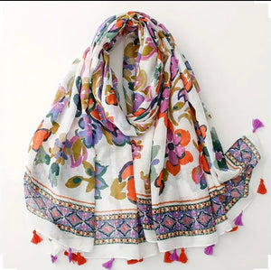 Maryam's Essential Flower Printed Cotton Viscose Tassels Hijab