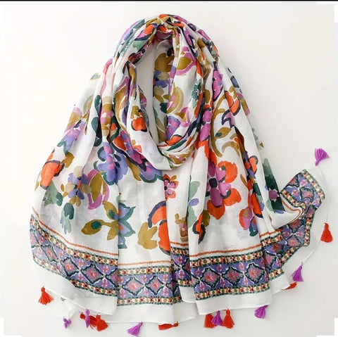 Maryam's Essential Flower Printed Cotton Viscose Tassels Hijab