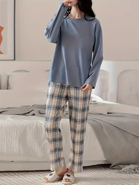 Maryam’s Essential Plaid Print Crew Neck Long Sleeve Sleepwear Set