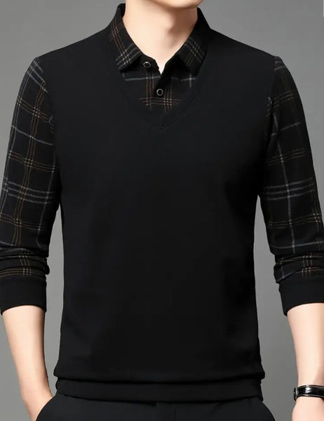 Maryam’s Essential Men V-Neck Button Long Sleeves Casual Regular Fit Striped Plaid Knitted Cotton Shirt