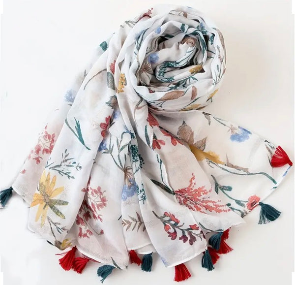 Maryam's Essential Floral Printed Cotton Viscose Tassels Hijab
