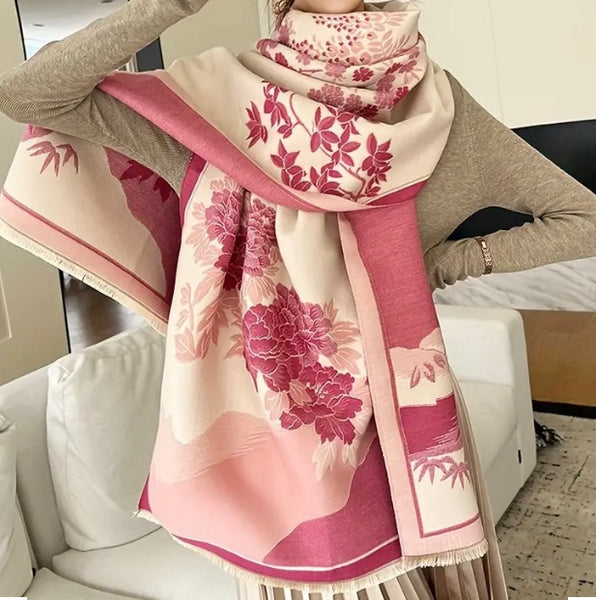 Maryam’s Essential Luxury Mature Versatile Reversible Warm Soft Floral Fringe Cashmere Scarf