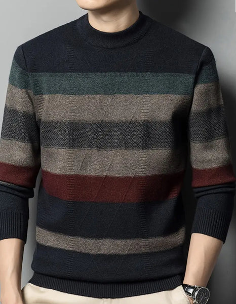 Maryam’s Essential Men Casual Striped Round Neck Pullover Long Sleeves Stretchy Knit Sweater