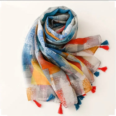 Maryam's Essential Colour Patch Printed Cotton Viscose Tassels Hijab