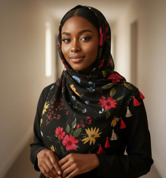 Maryam's Essential Premium Floral Printed Cotton Tassels Hijab
