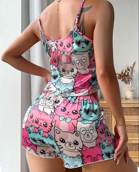 Maryam’s Essential Cat Print Lettuce Trim V-Neck Cami Top & Short Sleepwear Set
