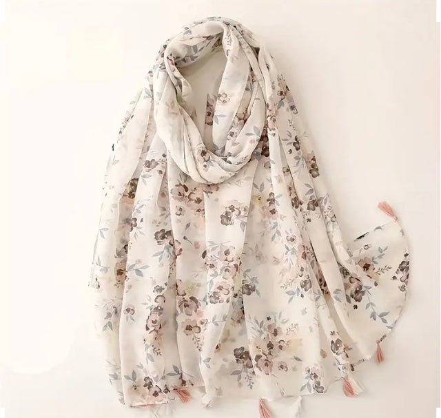 Maryam's Essential Flower Printed Polyester Tassels Hijab