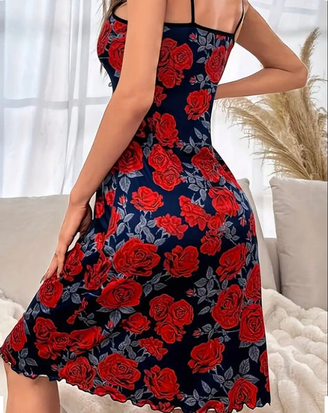 Maryam’s Essential Floral Print Lettuce Trim Round Neck Knee Length Slip Nightdress