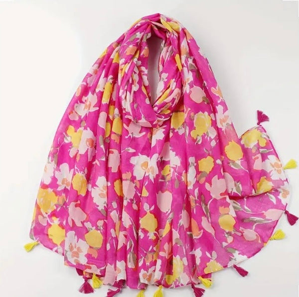 Maryam's Essential Flower Printed Cotton Polyester Tassels Hijab