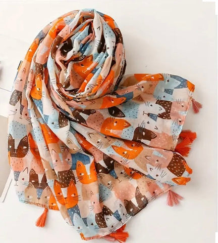 Maryam's Essential Cute Cat Print Cotton Viscose Tassels Hijab