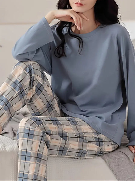Maryam’s Essential Plaid Print Crew Neck Long Sleeve Sleepwear Set