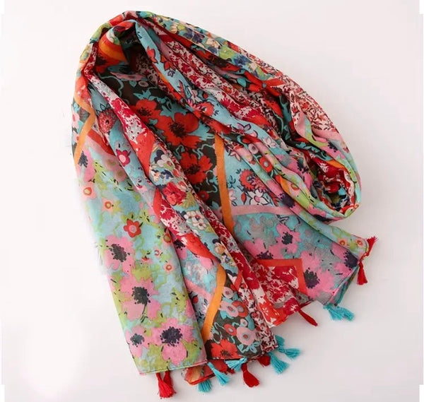 Maryam's Essential Floral Printed Cotton Viscose Tassels Hijab