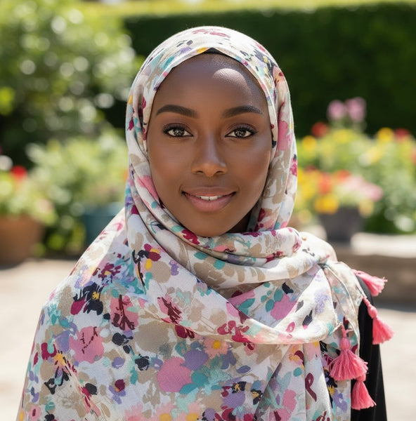 Maryam's Essential Floral Printed Cotton Viscose Tassels Hijab