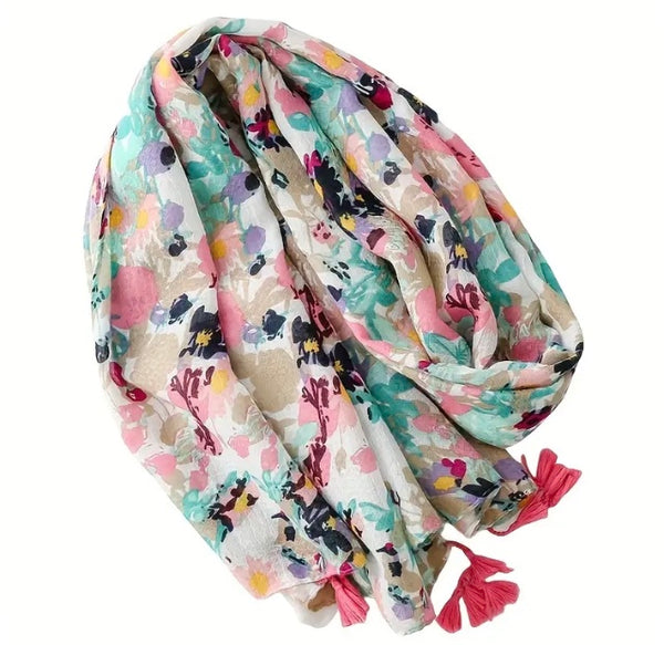 Maryam's Essential Floral Printed Cotton Viscose Tassels Hijab