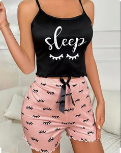 Maryam’s Essential Eyelash and Letter Print Lettuce Trim Round Neck Cami Top and Short Sleepwear Set