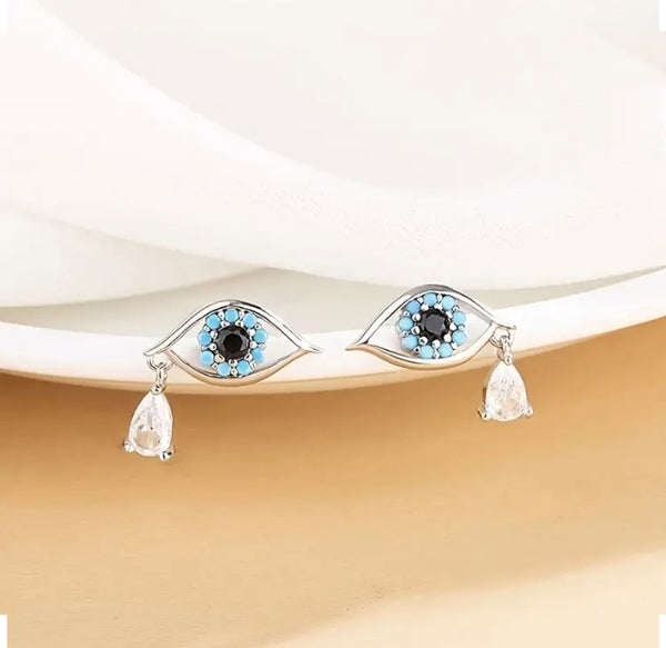 Maryam’s Essential Exquisite 925 Silver Sterling Hypoallergenic Evil Eyes with Cubic Gems Studs