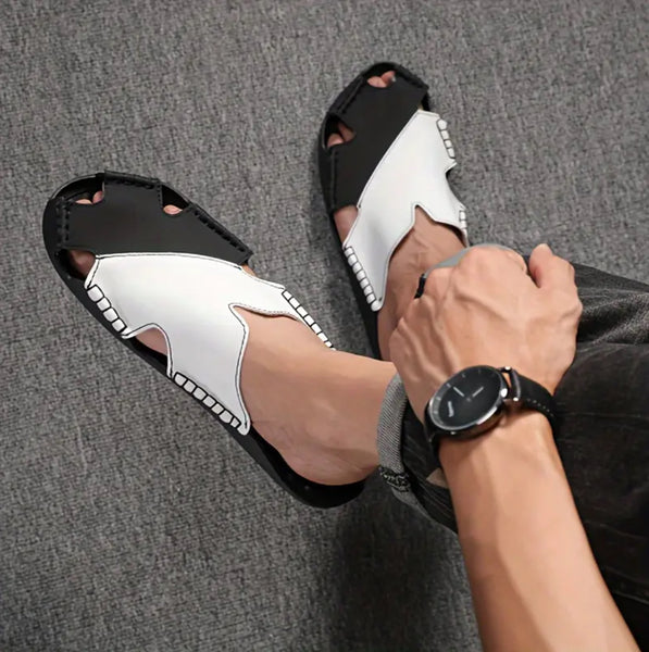 Maryam’s Essential Luxury Men Hand Crafted Synthetic Black & White Leather with Rubber Sole Slip-on Sandals