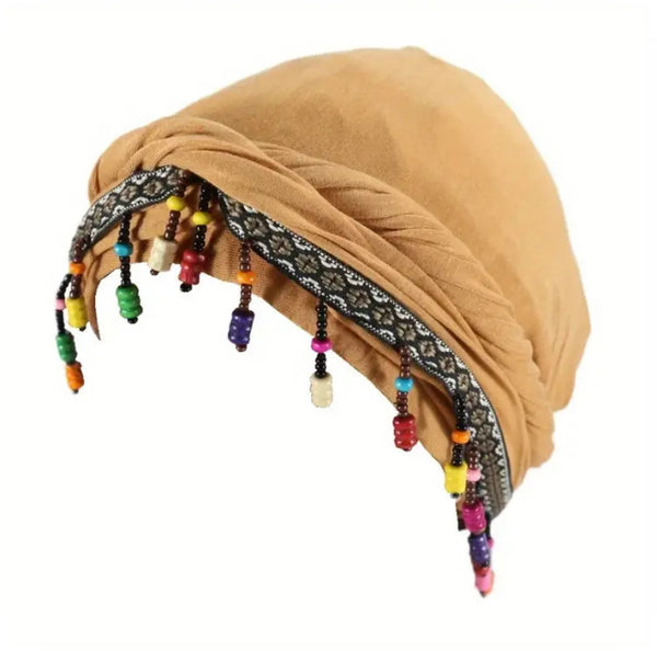 Maryam’s Essential Turban Head Wrap Beanie with Fringe Beads & Silk Satin Lining