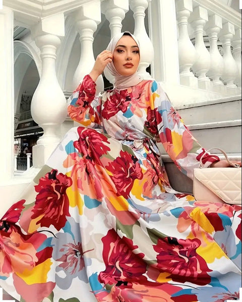 Maryam’s Essential Vintage Floral Print Crew Neck Lantern Sleeves Maxi Dress