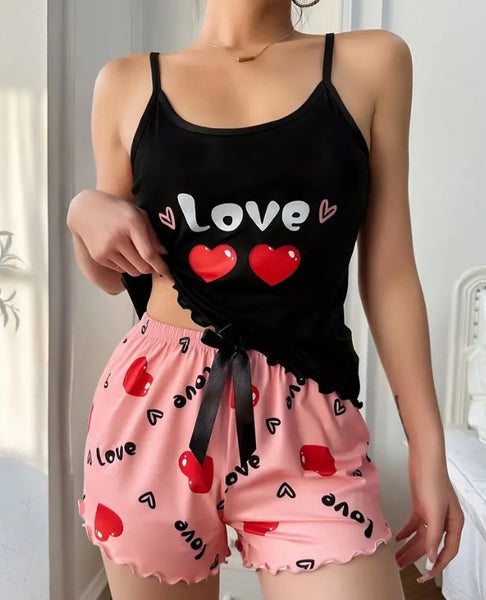 Maryam’s Essential Heart Print Lettuce Trim Cami Top & Short Set