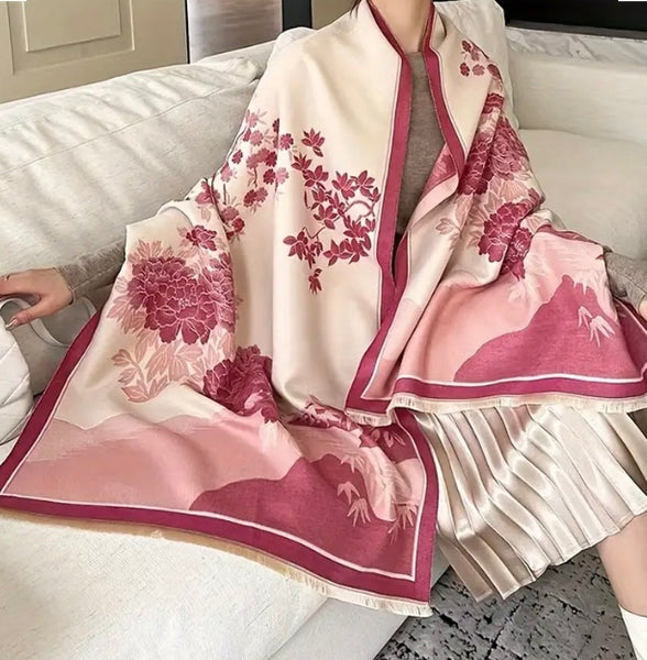 Maryam’s Essential Luxury Mature Versatile Reversible Warm Soft Floral Fringe Cashmere Scarf