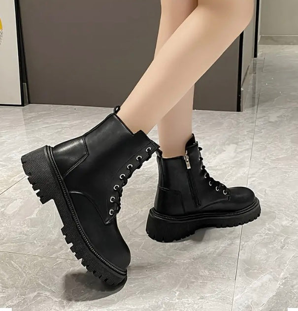 Maryam’s Essential Faux Leather, Fleece Combat Lace Up Ankle Boots