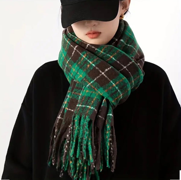 Maryam’s Essential Gingham Print Plaid Trim Tassel Scarf