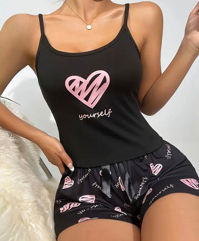 Maryam’s Essential Heart Yourself Print Lettuce Trim Round Neck Cami Top and Short Sleepwear Set