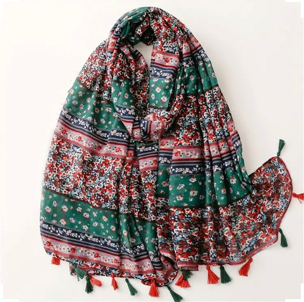 Maryam's Essential Floral Printed Cotton Viscose Tassels Hijab