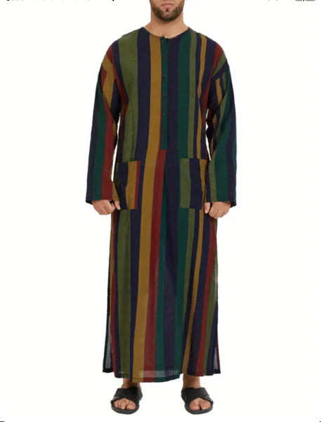 Maryam’s Essential Traditional Kaftan Long Sleeves Stripped Full Length Thobe Rayon Blend